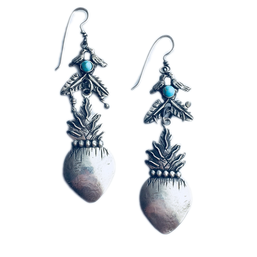Love Birds With Flaming Heart With Turquoise Earrings