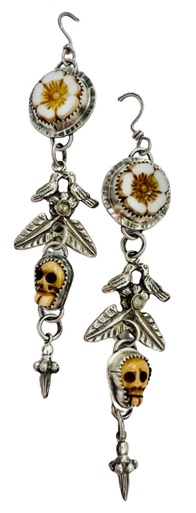 Carved Flowers with Skull Earrings