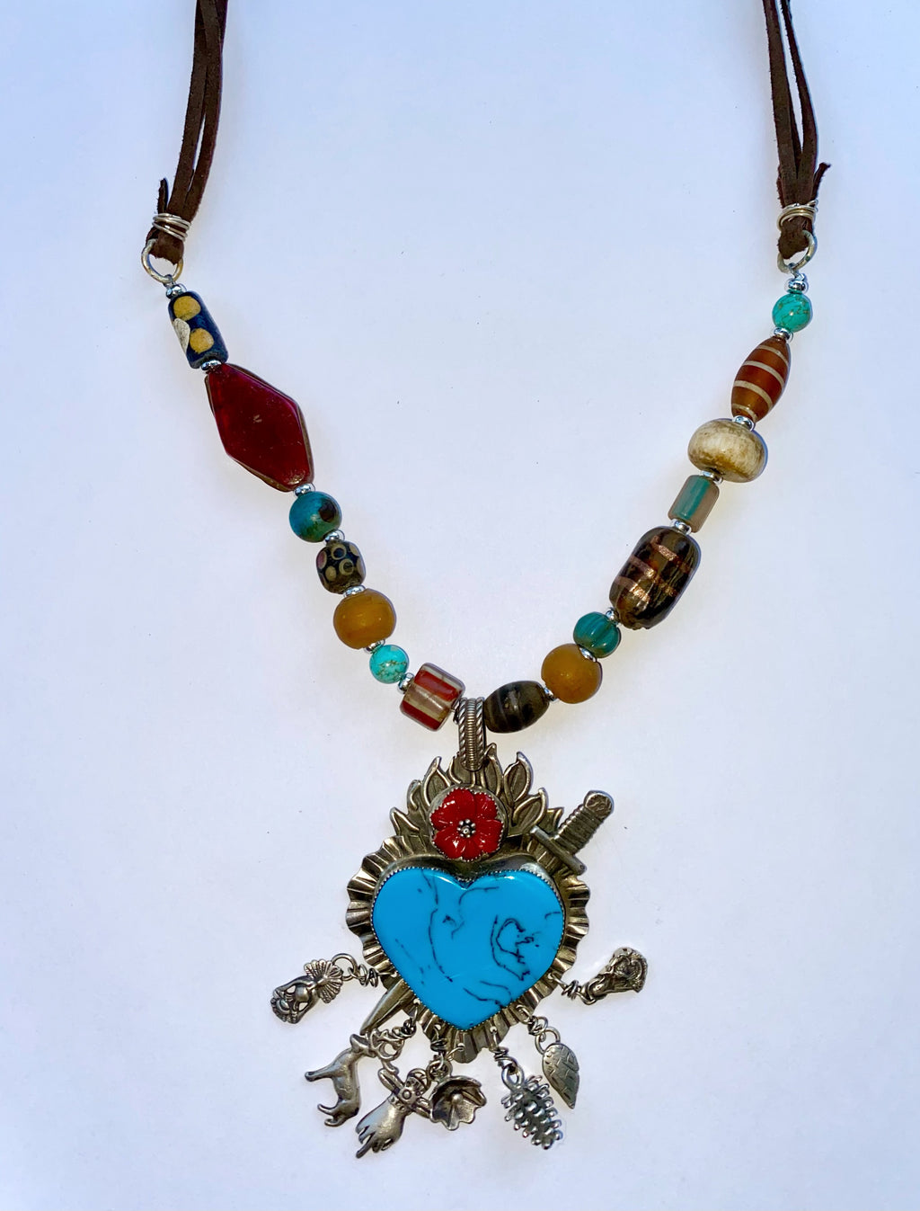 Folk Art Flaming Heart Necklace